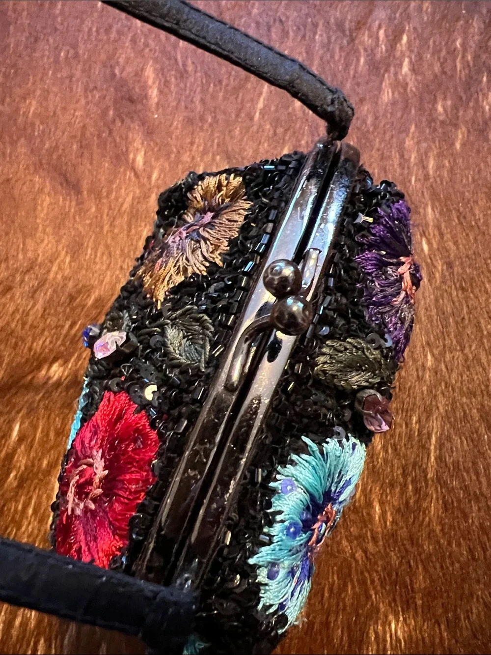 Santi Embroidered Black Floral Sequin Wristlet